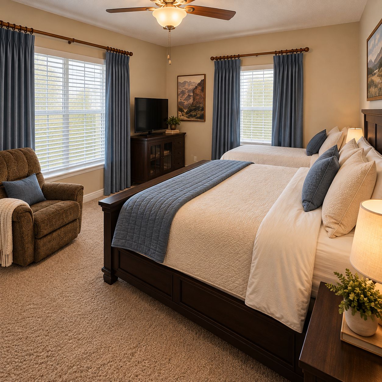A bedroom with a large bed, a chair, a television, and a ceiling fan.