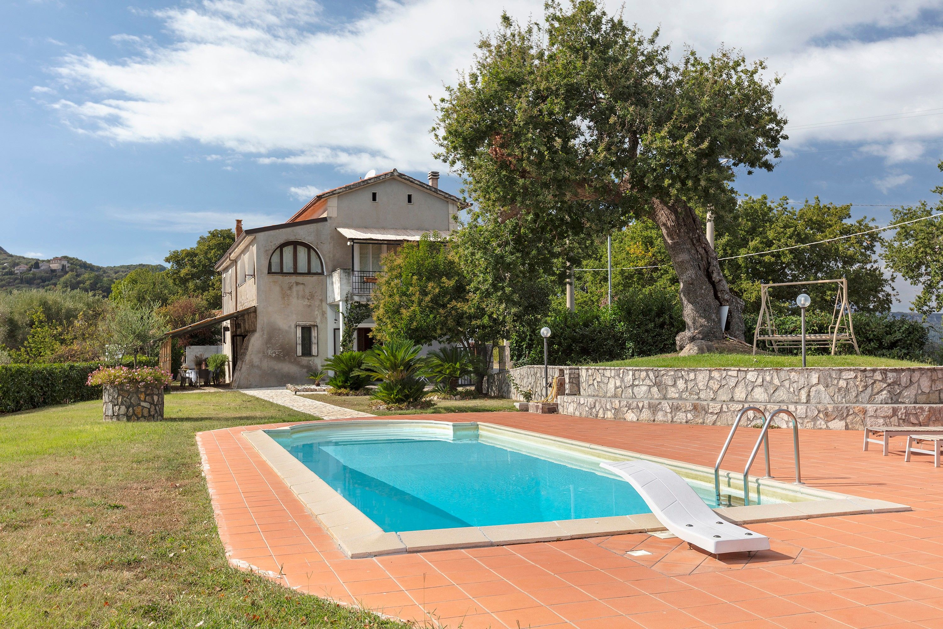 A swimming pool with a stone wall and a metal ladder, surrounded by a grassy area and a large tree.
