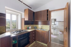 A kitchen with wooden cabinets, a gas stove, an oven, a sink, and a window with a view of greenery. - Villa "Casale del Belvedere" with sea view, private pool and Wi-Fi (San Giovanni a Piro)