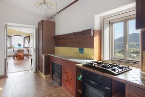 Eine Küche mit Gasherd, Backofen und einem Fenster mit Blick ins Freie.