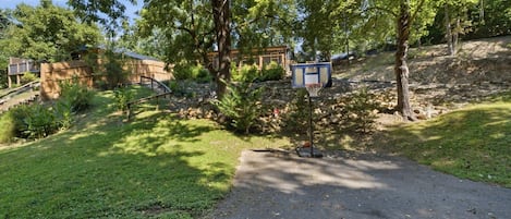 A residential area with a paved driveway, a basketball hoop, and a stone wall.