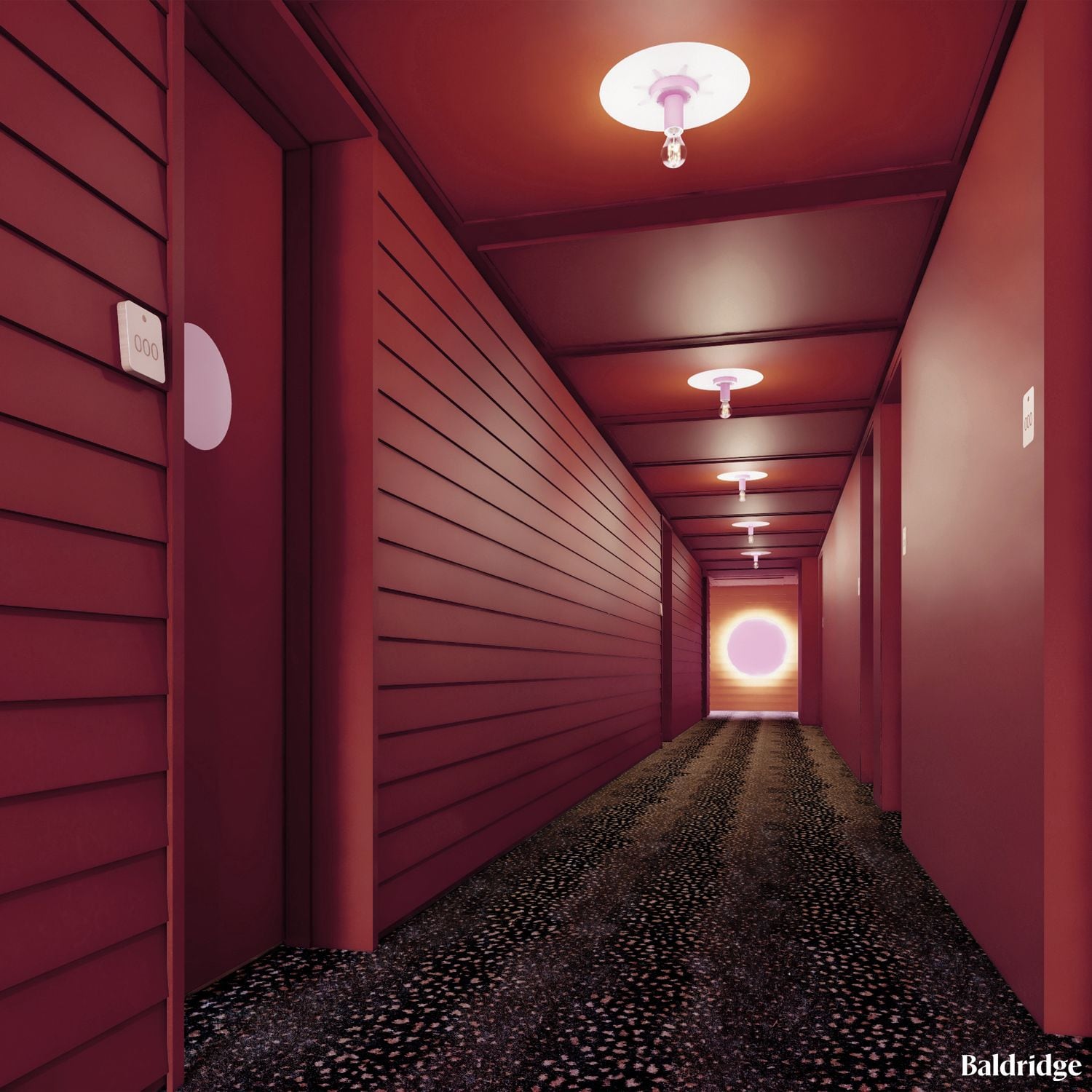 A corridor with a patterned carpet and red walls, leading to a bright circular light at the end.