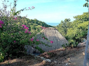 A natural landscape with a thatched structure surrounded by greenery and pink flowers.