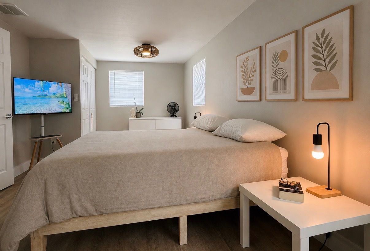 Ein Schlafzimmer mit einem Bett, Nachttisch, Lampe, Fernseher und einem Kunstwerk an der Wand.