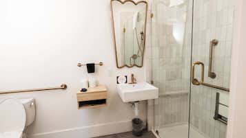 A bathroom with a toilet, a sink, a mirror, and a shower area.