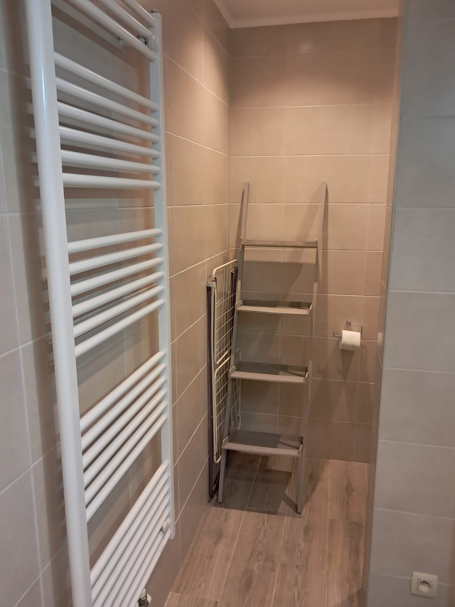 Un baño con un radiador blanco, un perchero y un dispensador de papel higiénico.