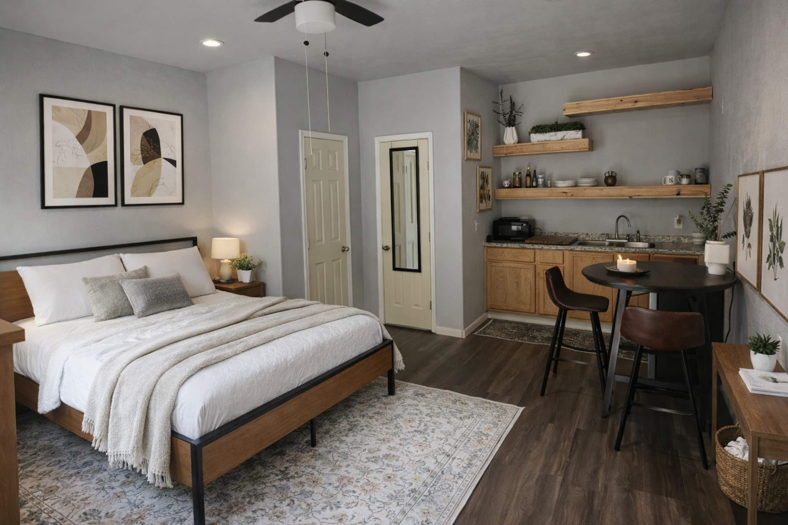 A bedroom with a bed, bedside tables, a nightstand, a desk with a chair, a small table with a candle, and a kitchen area with shelves and a sink.