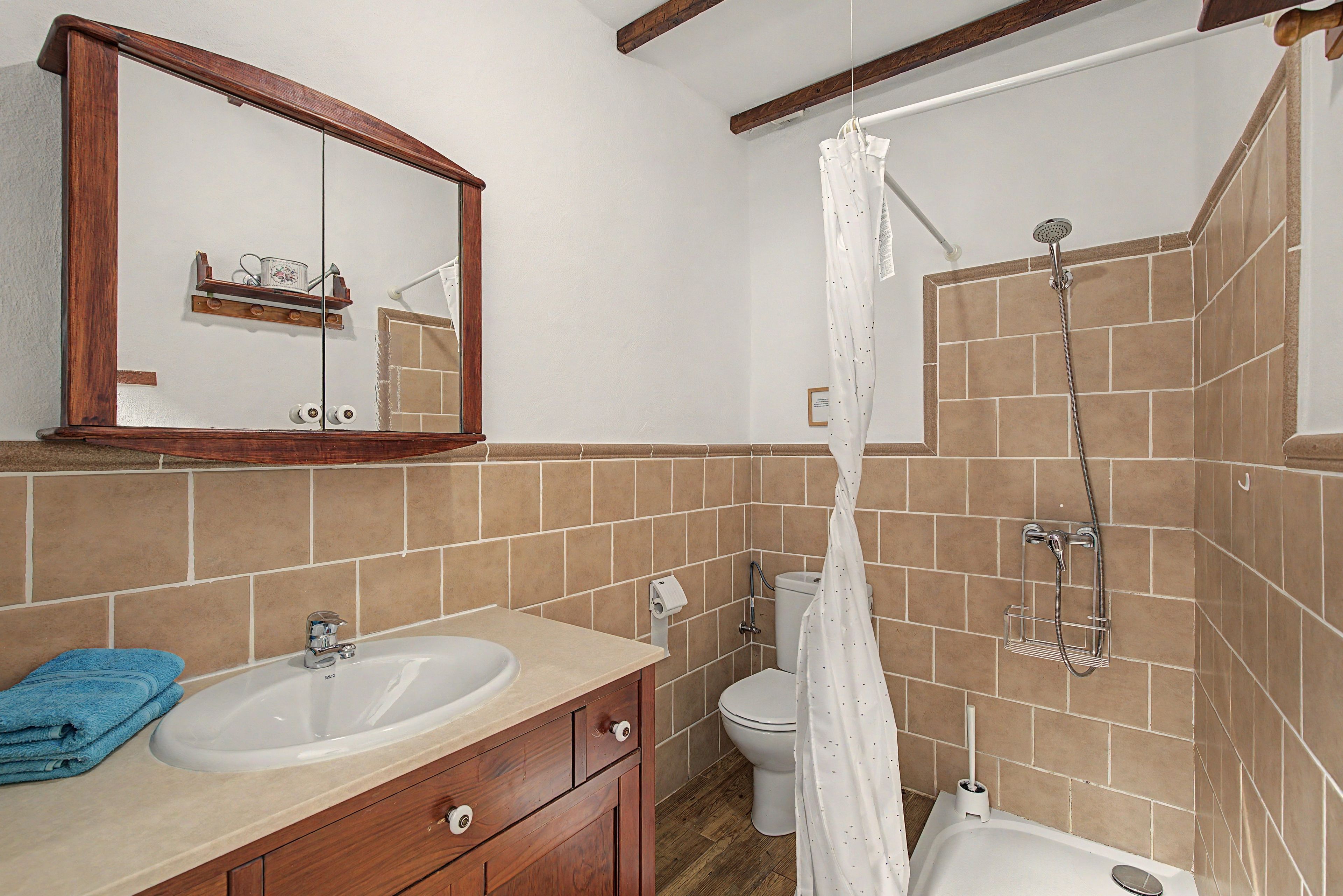 Une salle de bain avec un meuble-lavabo en bois, un évier, des toilettes et un espace douche.