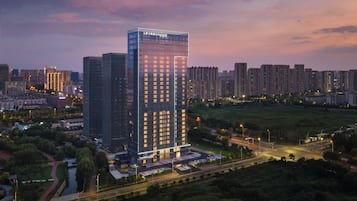 Un hotel moderno de rascacielos con fachada de vidrio, rodeado por un parque cuidado y una calle concurrida.