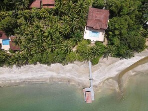 An aerial view of a coastal property with a swimming pool, a dock, and dense tropical vegetation. - Wiona of Villa Paraiso | Beachfront Villa & Pool (Bocas del Toro Province)