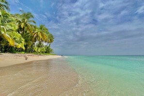 Een strand met helder turquoise water, palmbomen en een zandstrand.
