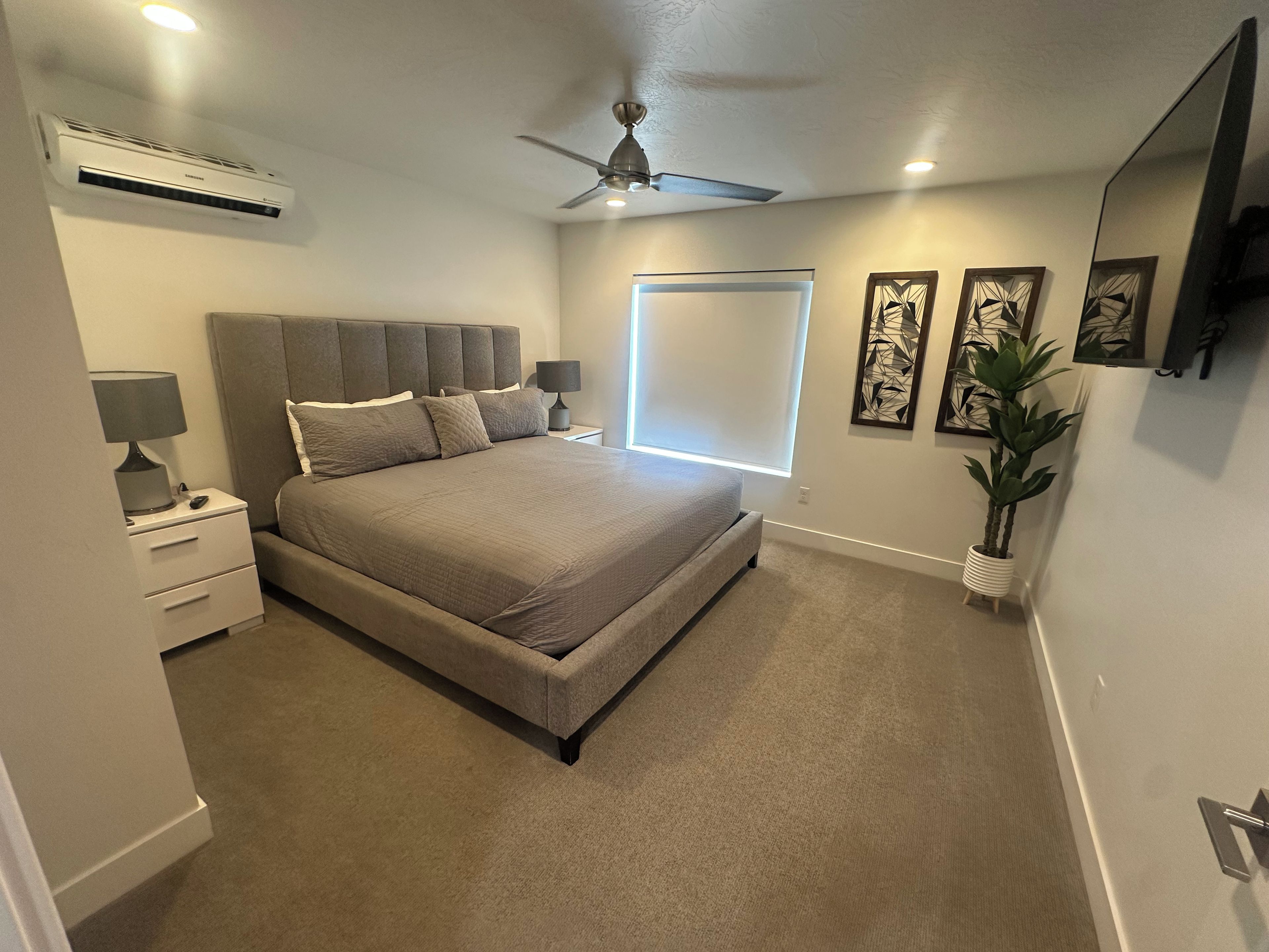 Quarto com cama, mesas de cabeceira, ventoinha no teto, televisão fixada na parede e planta em vaso.