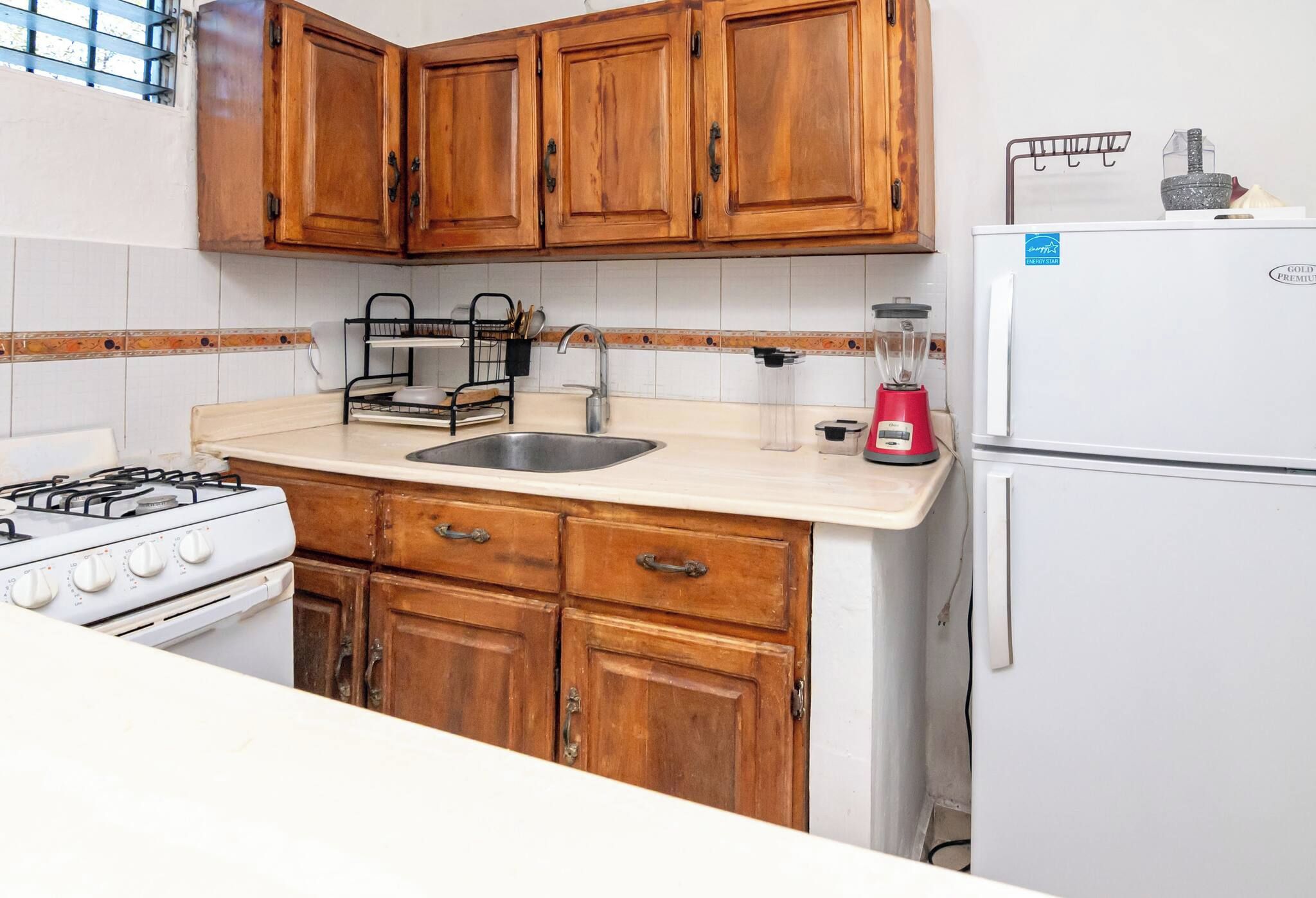 A kitchen with wooden cabinets, a gas stove, a sink, a blender, and a refrigerator.