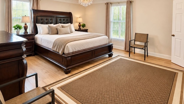 A bedroom with a large bed, a desk, a chair, and a chandelier.