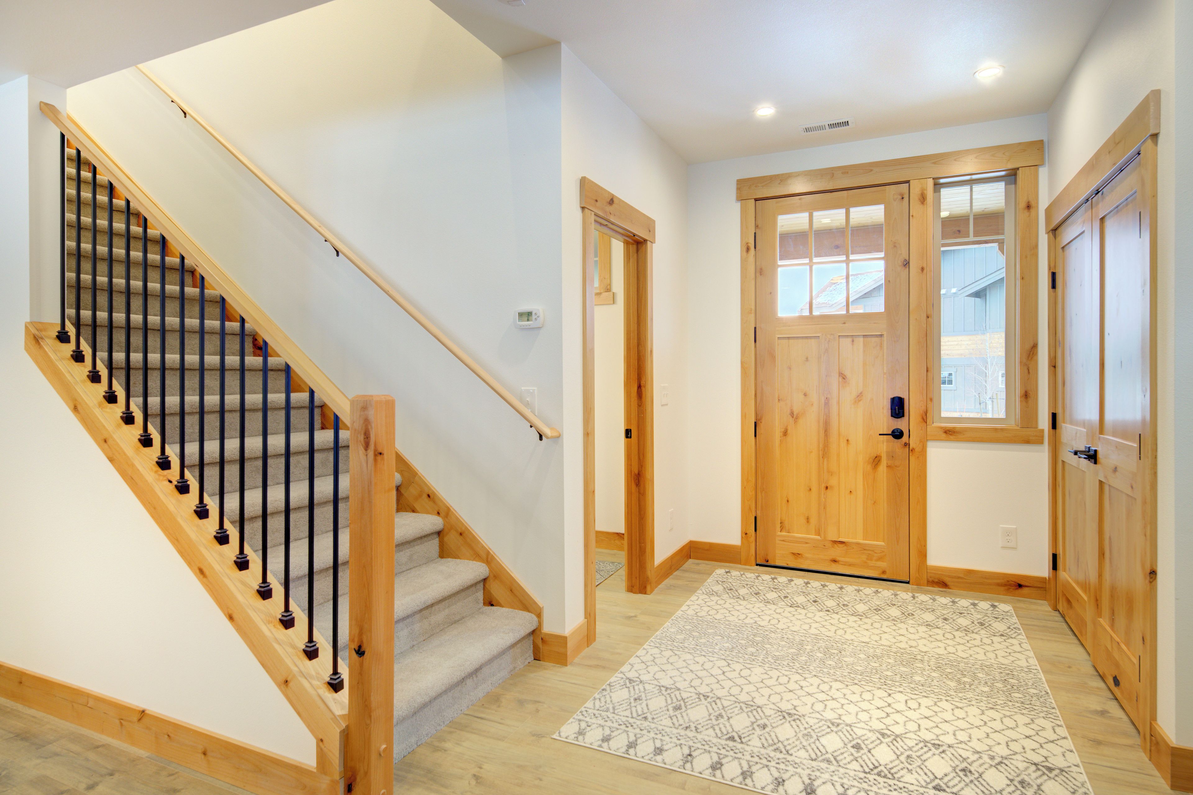 A staircase with wooden railings and carpeted steps, a wooden door with glass panels, and a patterned rug on the floor.