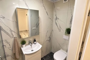 A bathroom with a marble wall, a sink, a toilet, and a mirror. - Modern Studio | Central Bucharest (Bucharest)