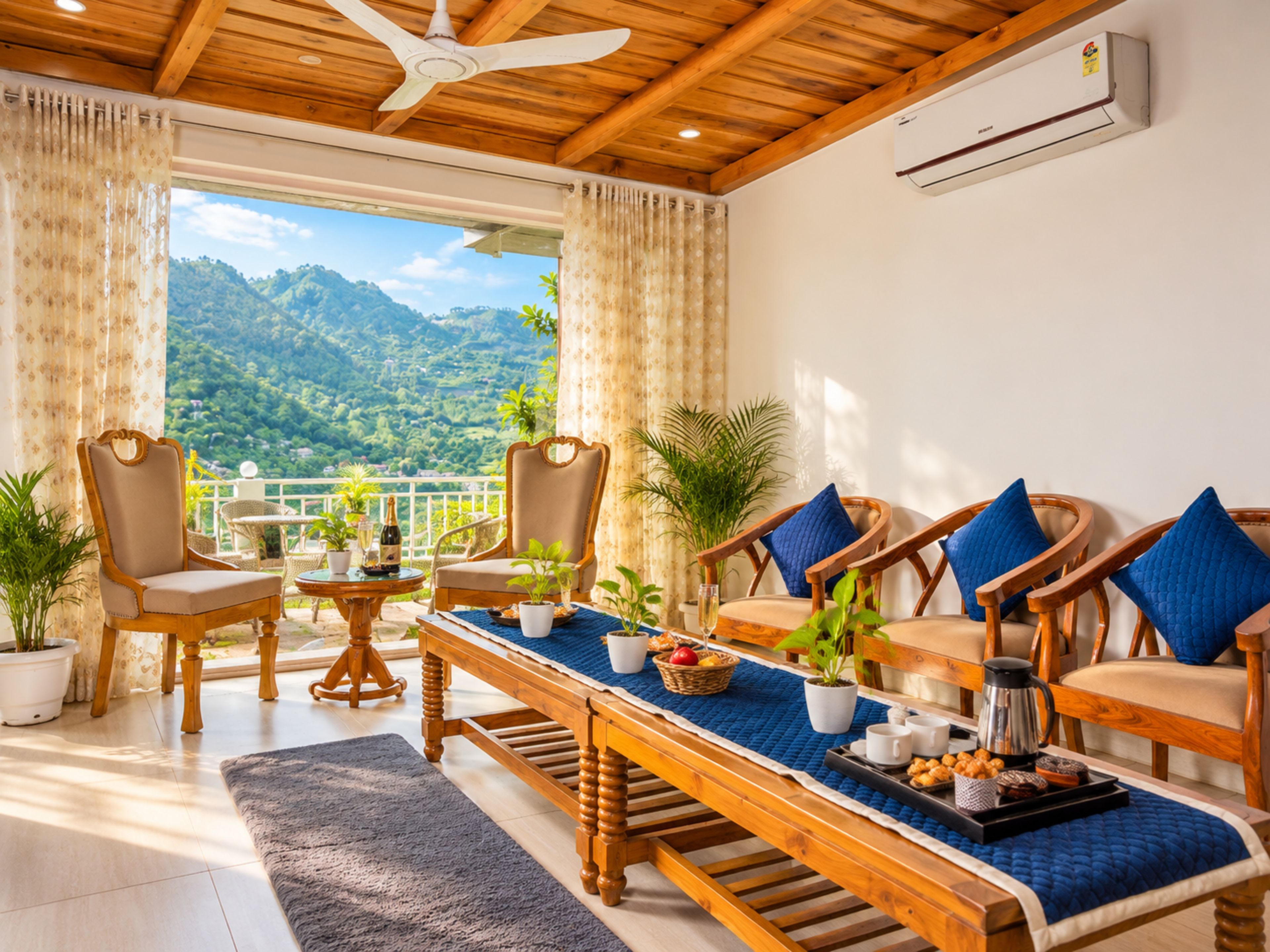 Quarto com teto de madeira, grande janela com vista para montanhas, mesa de jantar com cadeiras e mesinha de centro com petiscos.