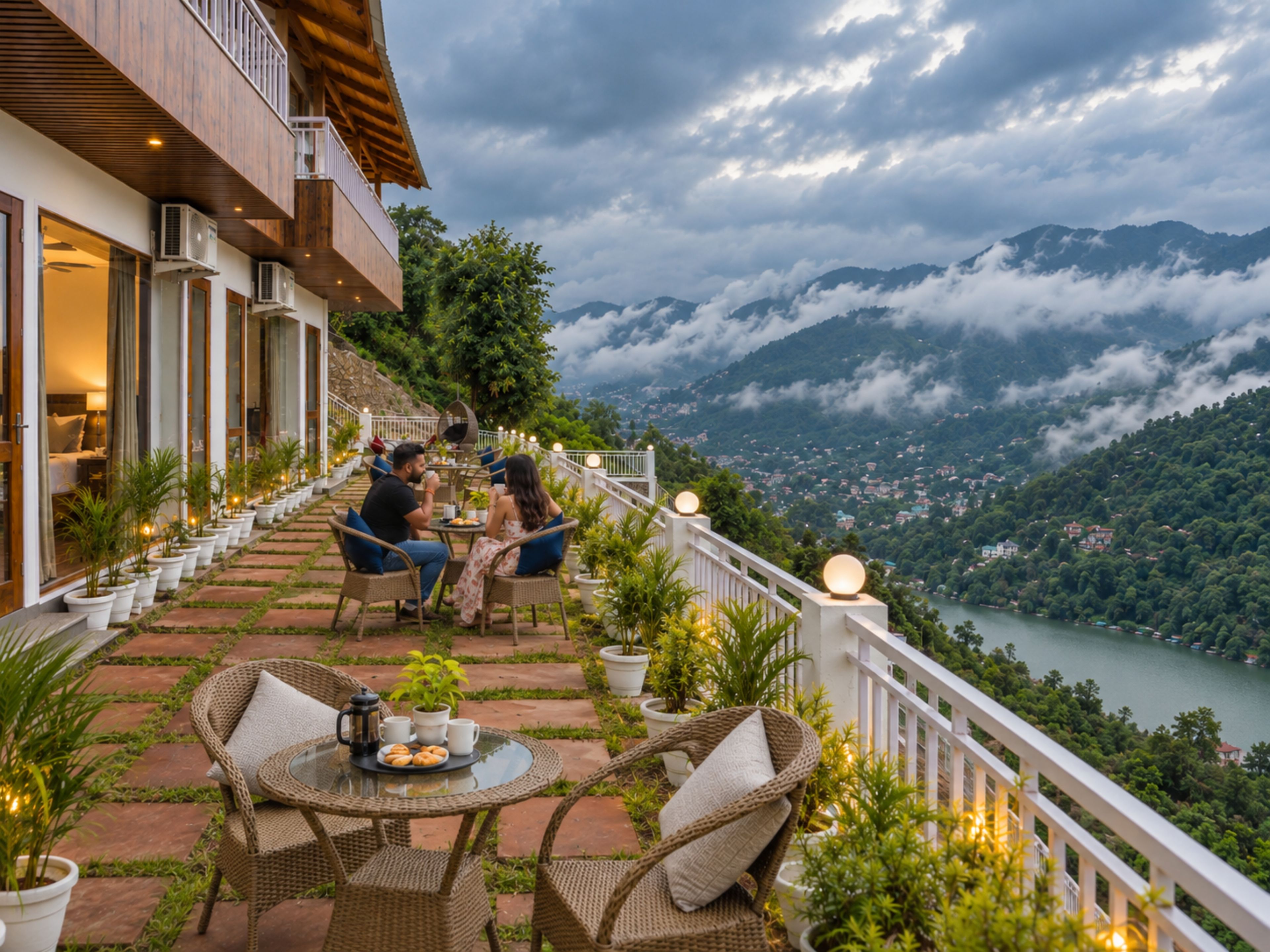 A terrace with wicker furniture, potted plants, and a view of a lake and mountains.