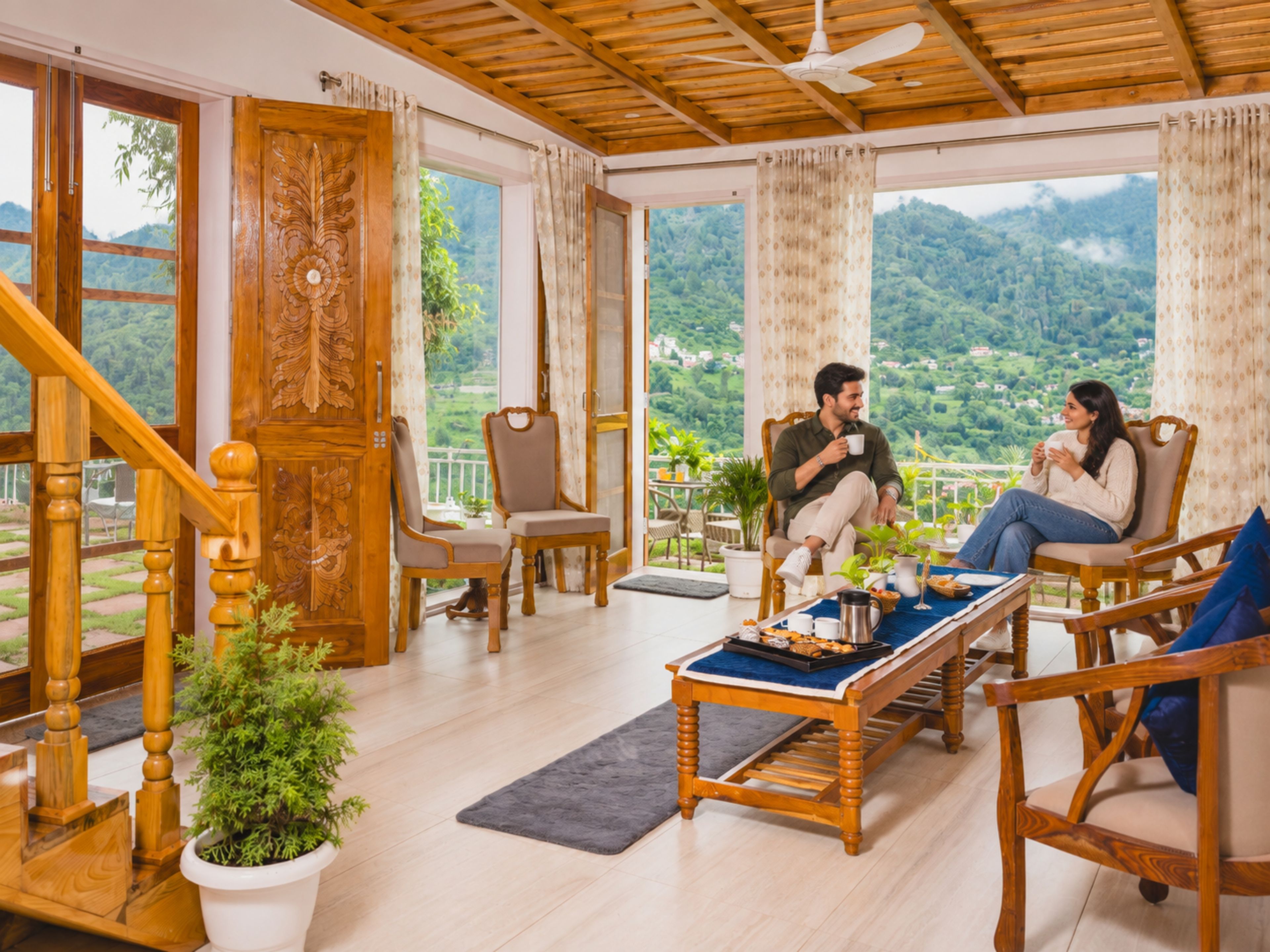 A spacious room with a wooden ceiling, large windows offering a view of green hills, and a balcony with outdoor seating.