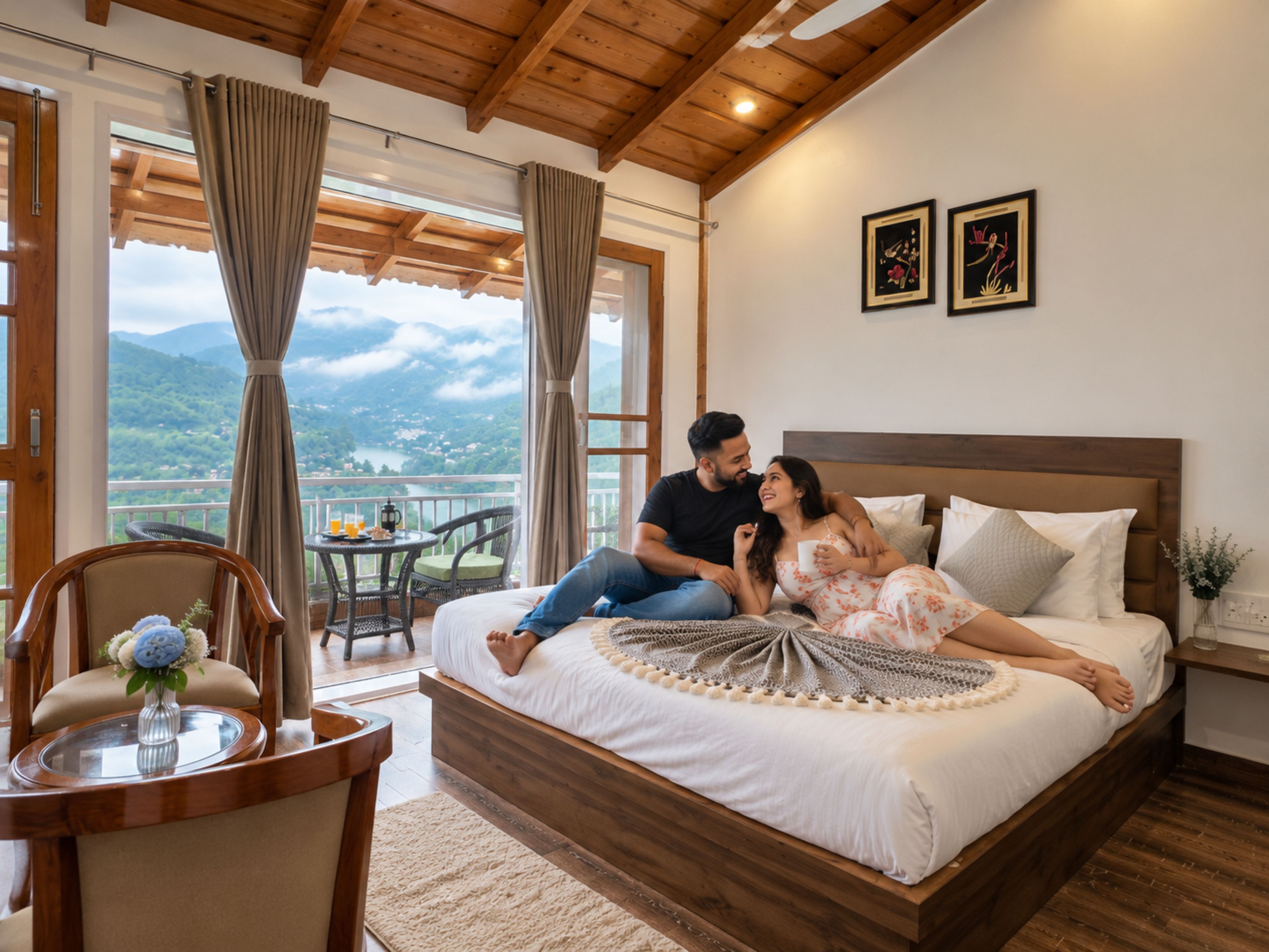 A bedroom with a wooden ceiling, a bed with white bedding, a view of mountains, and a dining area with a table and chairs.