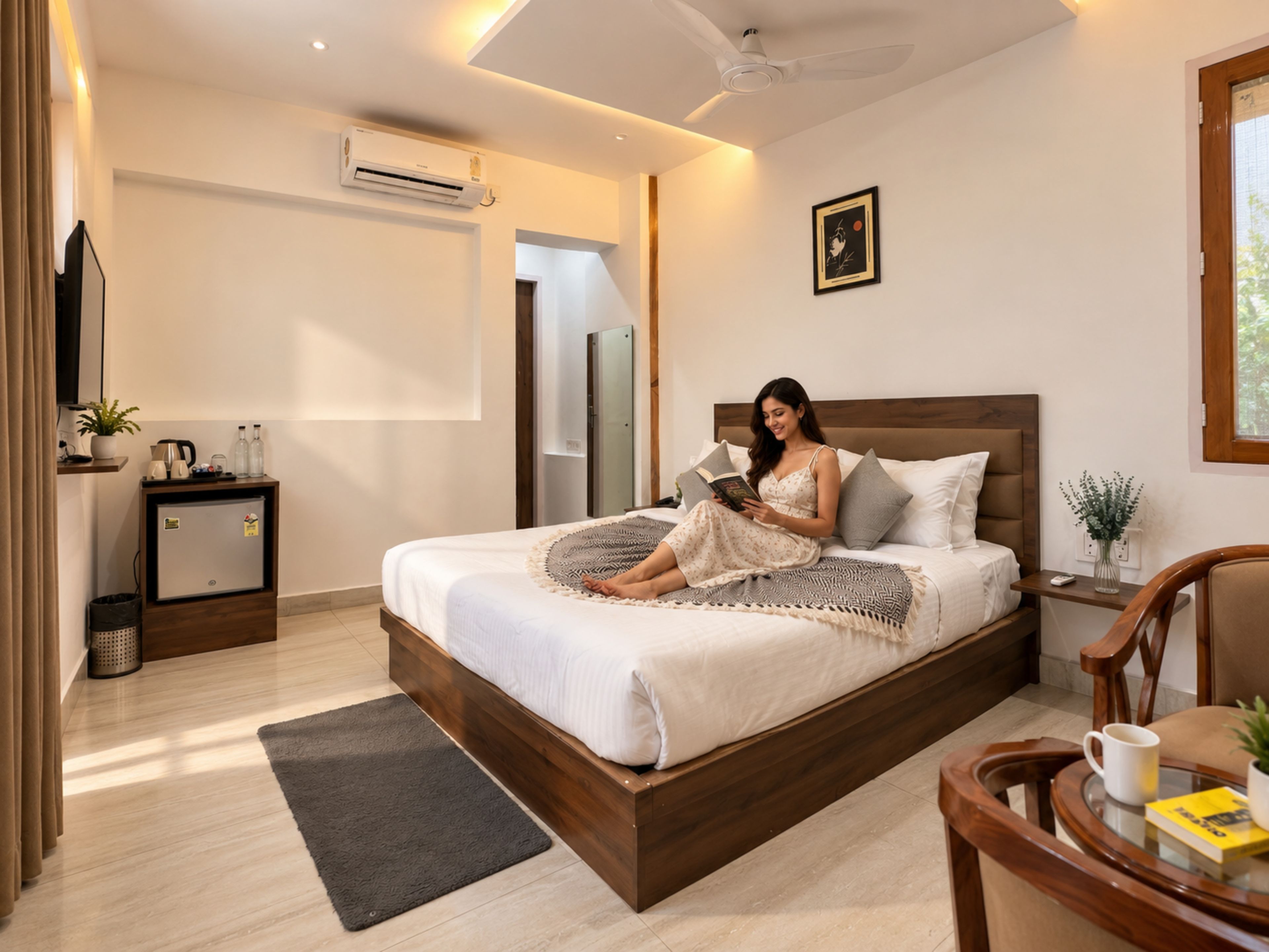 A modern bedroom with a bed, bedside table, and a reading area with a chair and a small table.