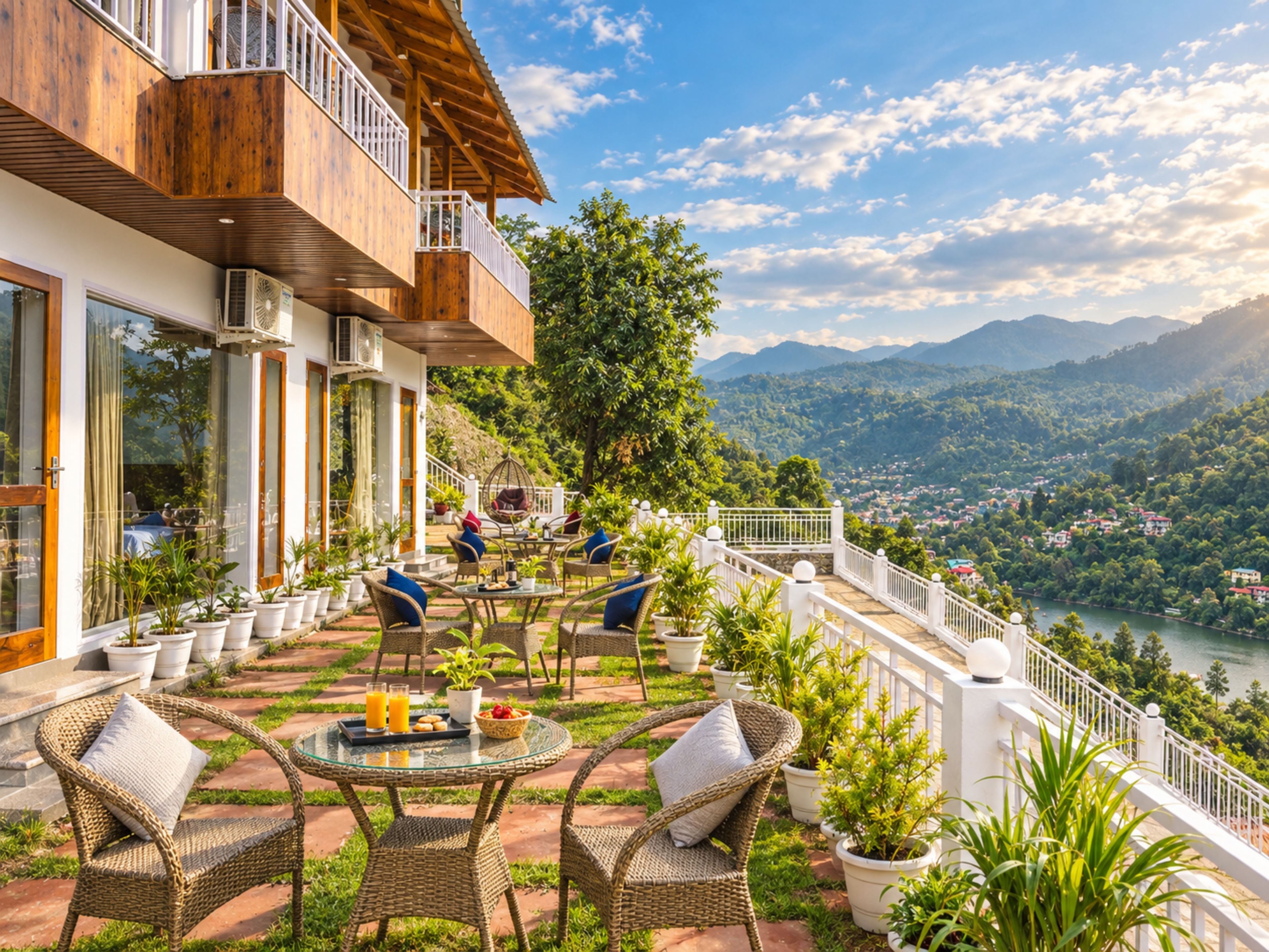 A terrace with wicker furniture, potted plants, and a table with breakfast items.