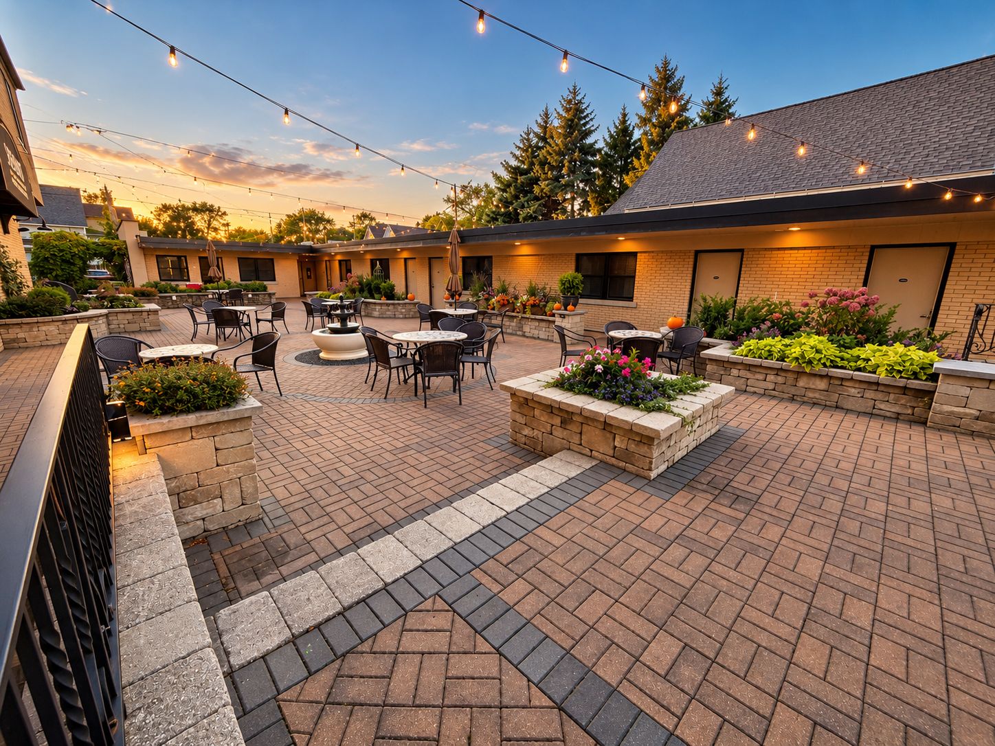 An outdoor patio area with brick flooring, outdoor seating, and string lights.