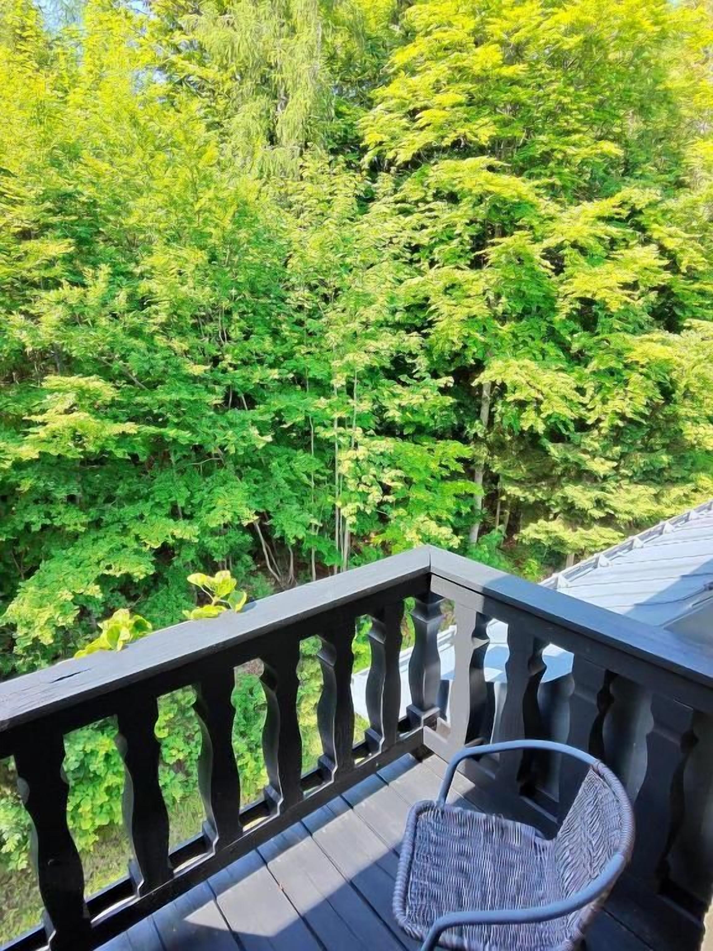 A wooden deck with a wicker chair, surrounded by lush green trees.