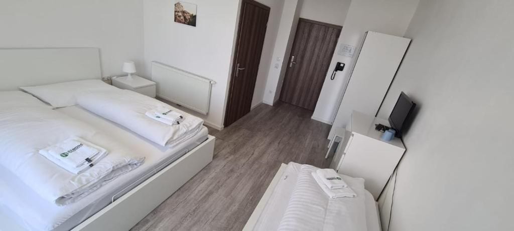 Una habitación de hotel con dos camas, una mesita de noche con lámpara, un armario y un televisor sobre un mueble.