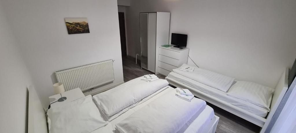 A hotel room with two beds, a wardrobe, a television, and a radiator.