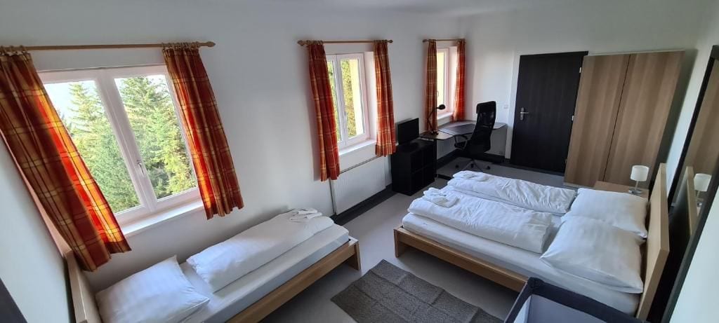 A hotel room with two single beds, a desk, a chair, and a wardrobe.