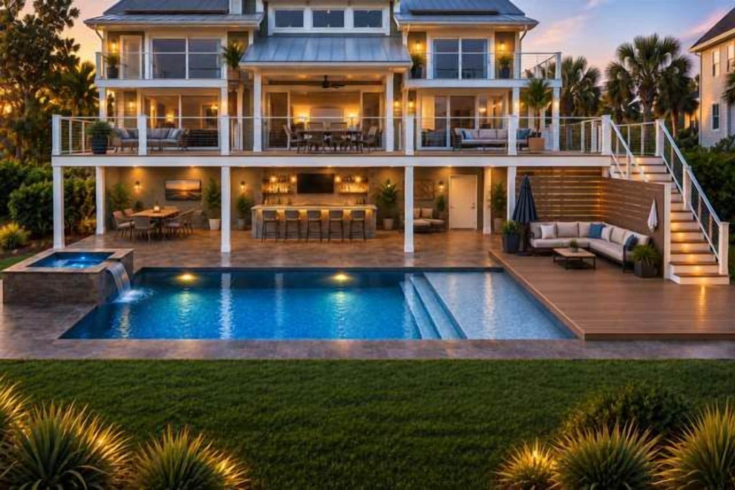 A two-story house with a swimming pool, outdoor seating, and a well-lit patio area.