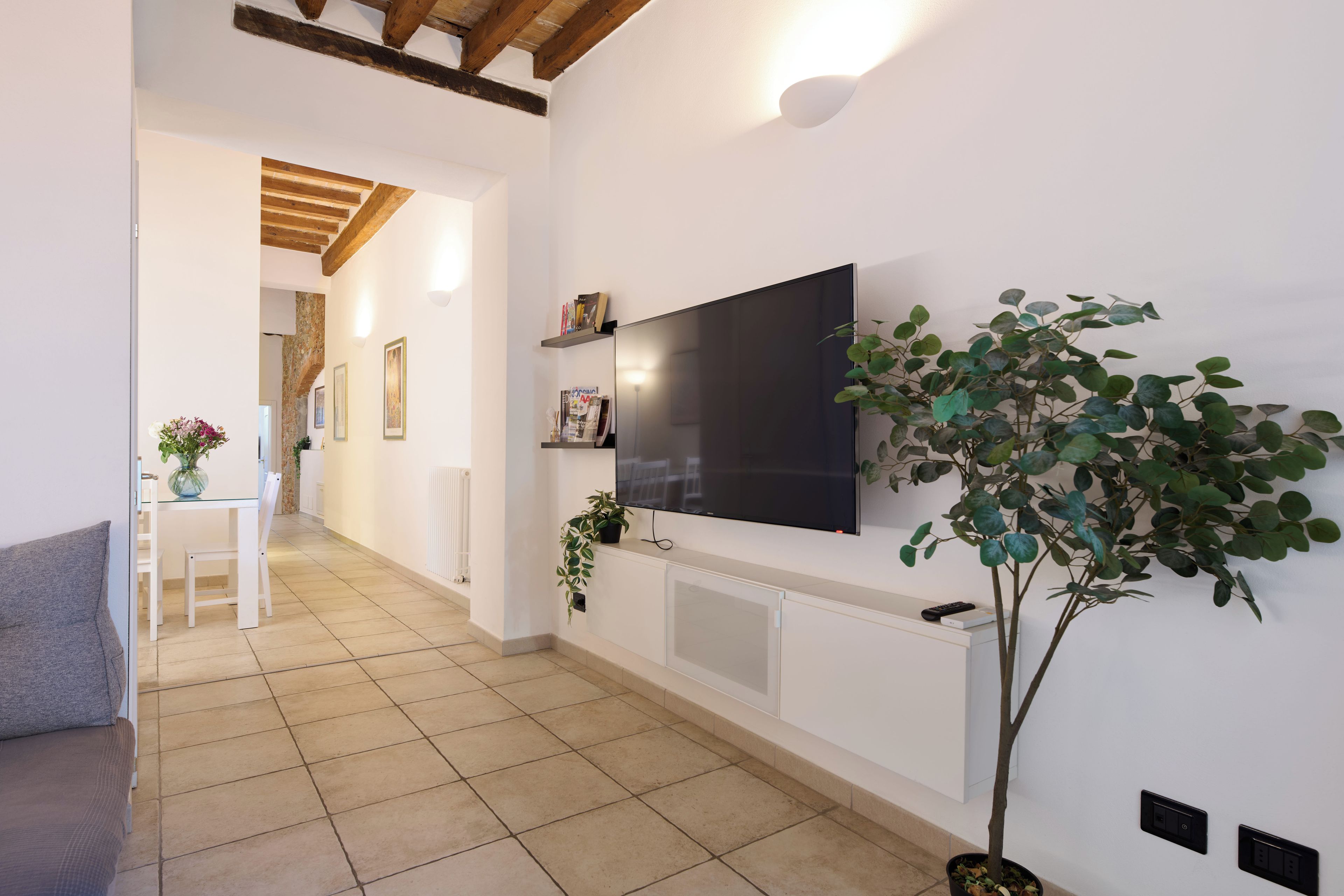 A modern living room with a flat-screen TV mounted on the wall, a dining area with a white table and chairs, and a potted plant.