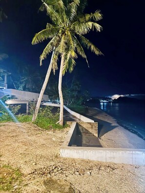 A nighttime beach scene with a palm tree, a concrete pathway, and a body of water.