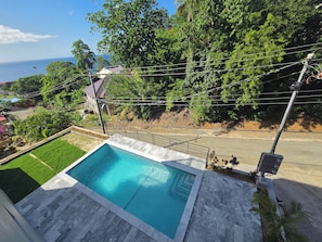 A swimming pool with a view of the ocean, surrounded by lush greenery and a residential area.