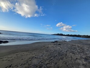 A beach with footprints in the sand, a clear sky, and a distant shoreline with trees.