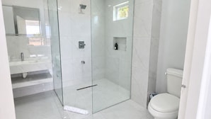 A modern bathroom with a glass-enclosed shower, a toilet, and a vanity with a mirror. - Xola Tobago (Black Rock)