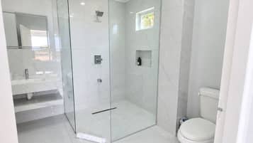A modern bathroom with a glass-enclosed shower, a toilet, and a vanity with a mirror.