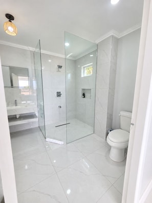 Un baño moderno con ducha envuelta en vidrio, inodoro y tocador con espejo.