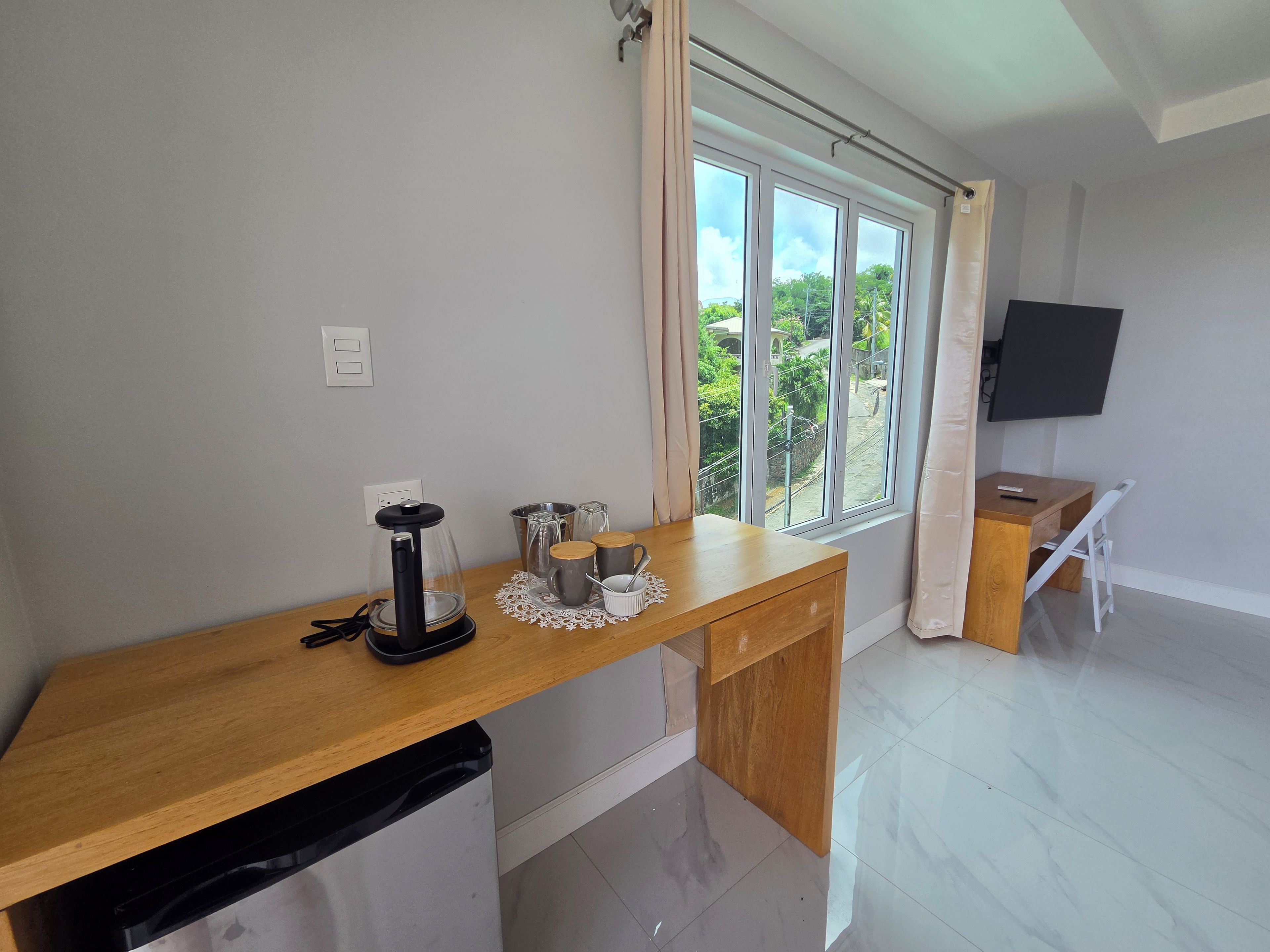 A clean, modern kitchen with a wooden countertop, a coffee maker, and a window with a view of greenery.