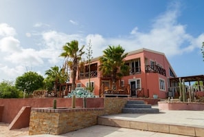 A multi-story building with a pink facade, outdoor seating area, palm trees, and a cactus garden.