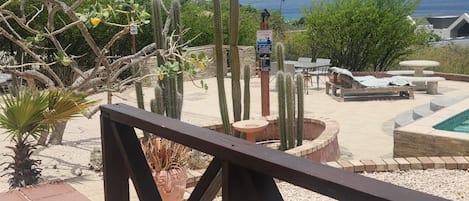 A wooden deck with a view of a landscaped area including cacti and a pool.