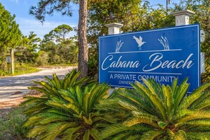 A sign for 'Cabana Beach' indicating it is a private community. - Captain Morgan`s Fort · New Listing! Steps to the Beach & Gulf Views (Gulf Shores)