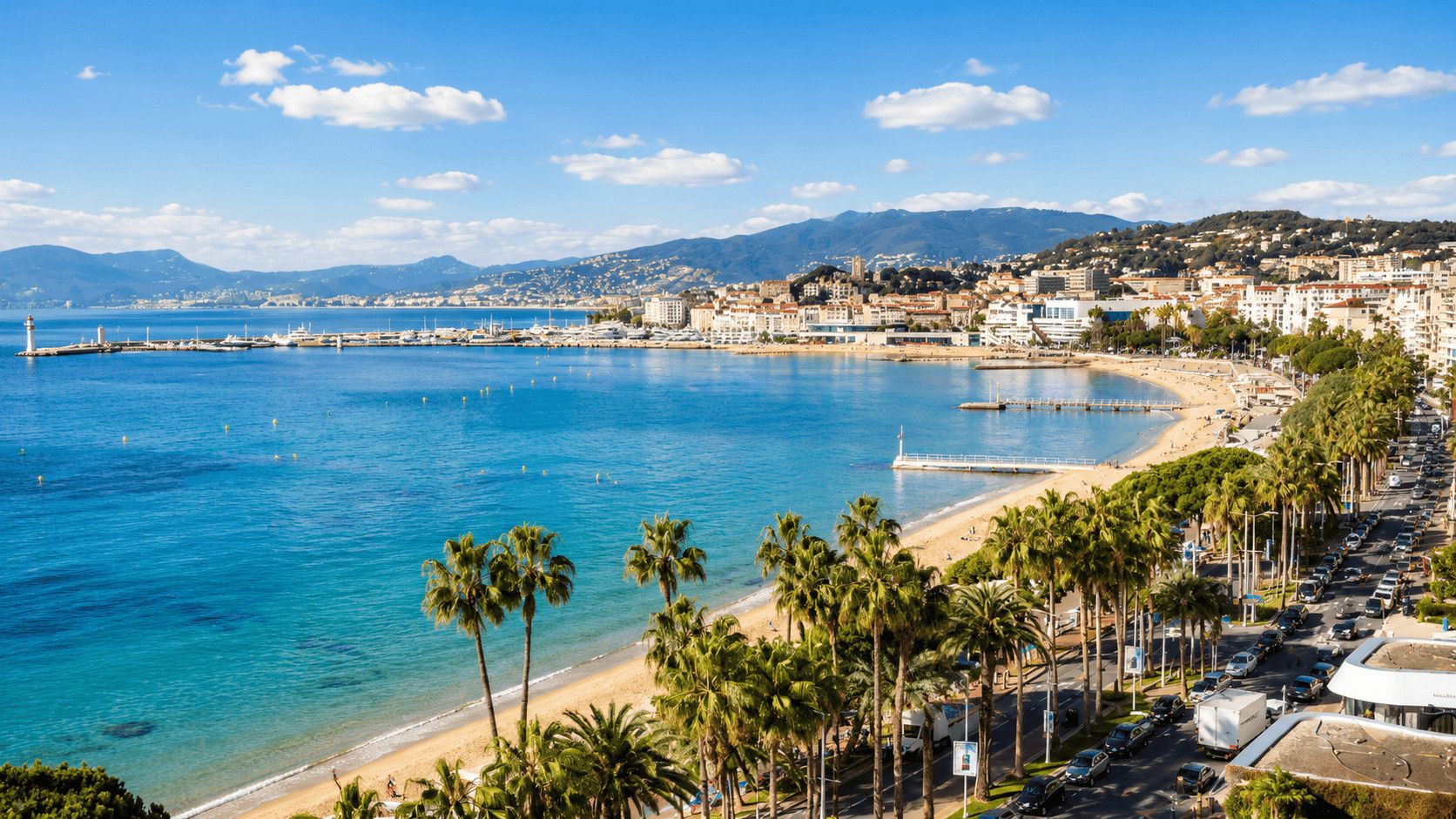 A coastal cityscape with a beach, palm trees, and a marina.