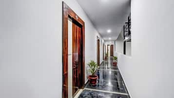 A hallway with a polished black marble floor, wooden doors, and potted plants.