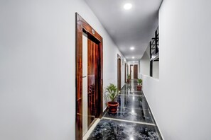 A hallway with a polished black marble floor, wooden doors, and potted plants.