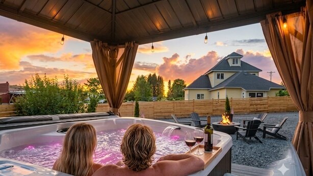 A hot tub with two people, a fire pit, and outdoor seating. - Private Hot Tub Retreat / Fire Pit/Near Mt. Rainier & St Helens (Mossyrock)