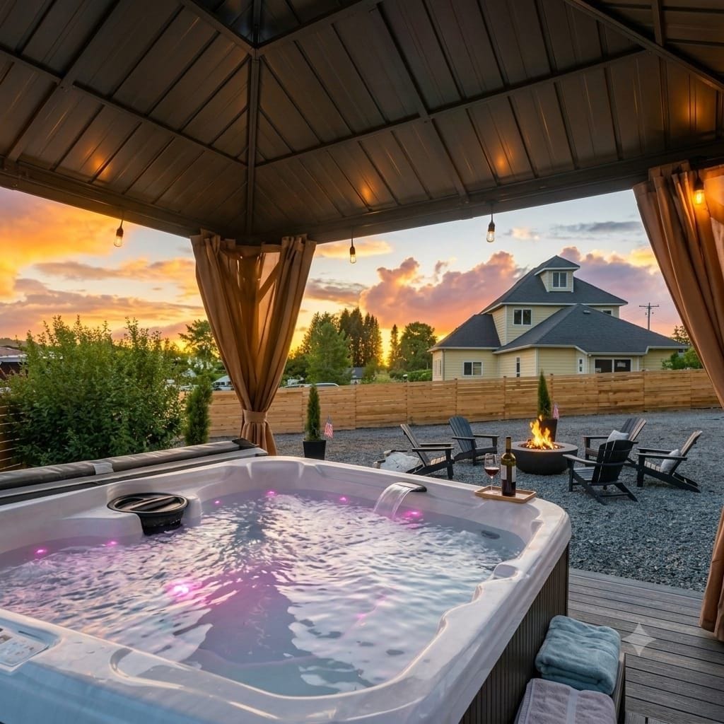 A hot tub under a wooden pergola with a view of a house and trees.