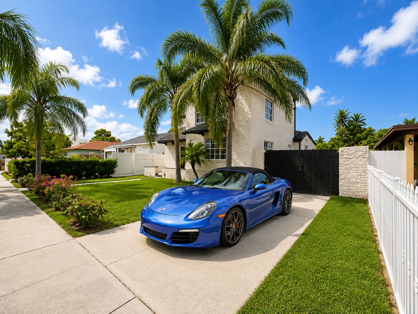 A blue convertible sports car parked in a driveway with a well-maintained lawn and palm trees.