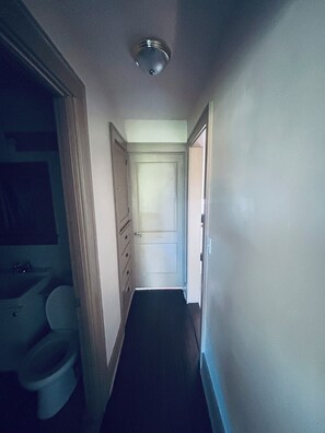 Un pasillo estrecho con una puerta al final, un accesorio de iluminación en el techo y un baño con inodoro y lavamanos a la izquierda.